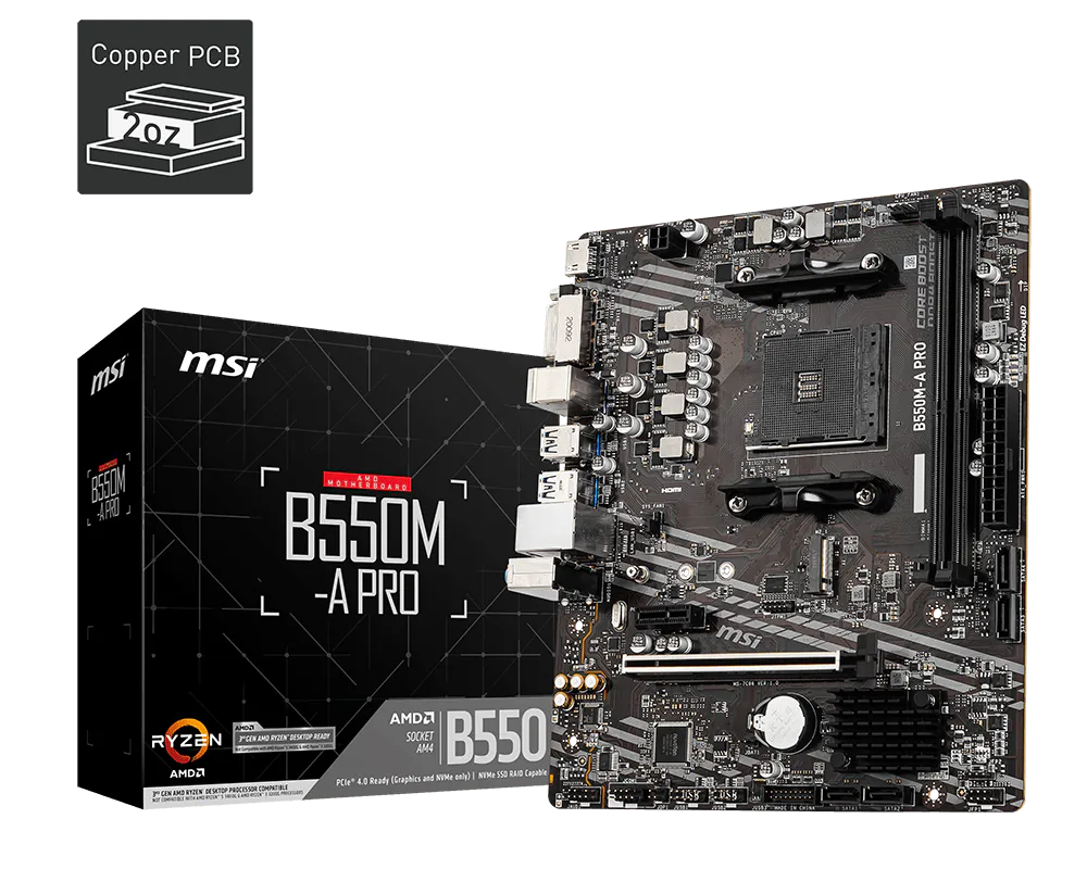 MSI B550M-A PRO Motherboard – AMD B550, AM4, DDR4 4600+ MHz (OC), PCIe 4.0 x16, Gen4 M.2, HDMI, DVI-D, Gigabit LAN, Micro-ATX